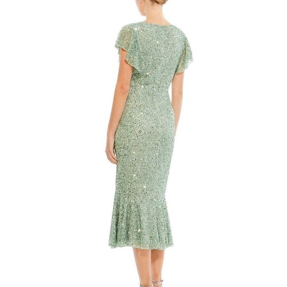 NWT MAC DUGGAL Butterfly Sleeve Tea length sequin dress Sage Size 18 - Picture 5 of 13